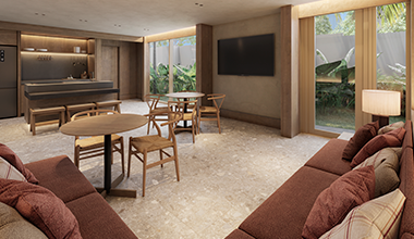 Perspectiva ilustrada do Salão de festas com espaço gourmet